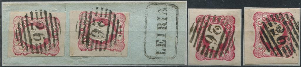 248.jpg -     Lote:    248                   Descrição:         1856/1864 &mdash; D. Pedro V. Cabelos anelados + D. Luís I. Lote composto por fragmento com dois selos MF16, 25 reis rosa carmim, com margens largas a curtas + selo MF13 25 reis rosa carmim e MF16, 25 reis rosa carmim, com margens de luxo. Obliterados com carimbo numérico da 1.ª reforma, batido a preto "26 &mdash; LEIRIA", tipo 4.3.4 + nominativo a preto "LEIRIA" batido no fragmento.         FRG/O       Valor Base:     &euro; 15,00     Valor Venda:     &euro;      