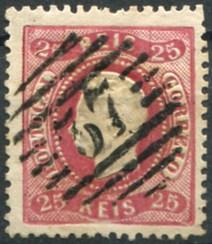 250.jpg -     Lote:    250                   Descrição:         1867/70 &mdash; D. Luís I. Fita curva, denteados. MF30, 25 reis carmim rosa, cunho XIII, obliterado com carimbo numérico da 1.ª reforma, batido a preto "37 &mdash; RIBALDEIRA", tipo 4.3.4. MB e MR.         O       Valor Base:     &euro; 25,00     Valor Venda:     &euro;      
