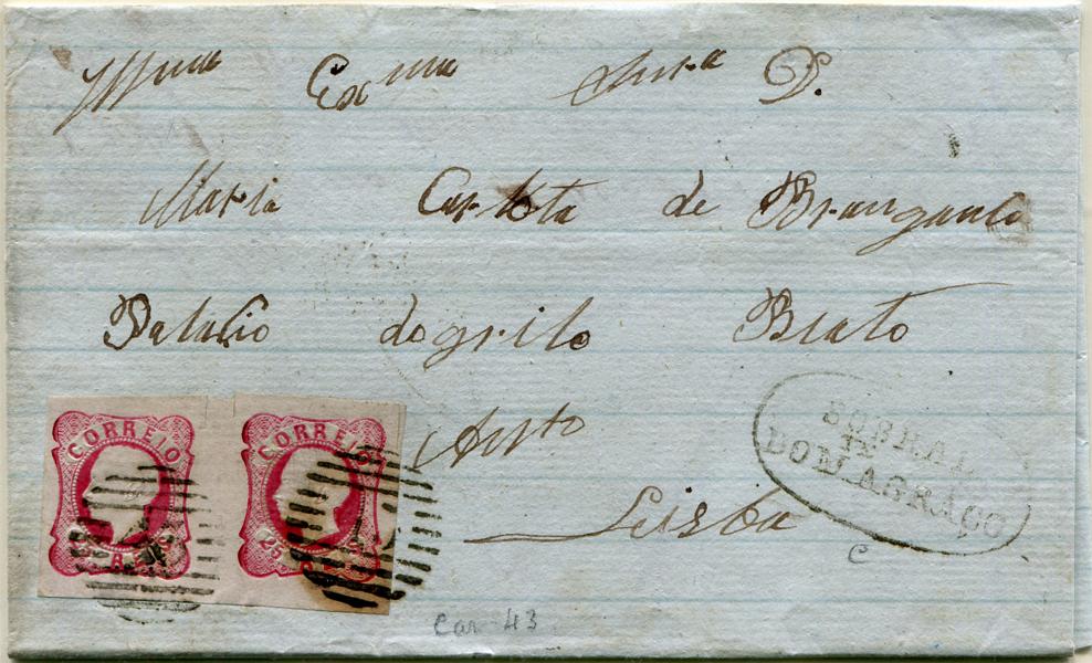 251.jpg -     Lote:    251                   Descrição:         1862/64 &mdash; D. Luís I. MF16, 25 reis carmim rosa. Par horizontal, com 3 margens de luxo e uma curta/normal, em carta circulada de Sobral de Monte-Agraço para Lisboa (12.09.64) para Lisboa, obliterado com carimbo numérico da 1.ª reforma, batido a sépia "43 &mdash; SOBRAL DE MONTE-AGRAÇO", tipo 4.3.4 + nominativo batido a sépia "SOBRAL DO TEM AGRAÇO".         Carta       Valor Base:     &euro; 35,00     Valor Venda:     &euro;      