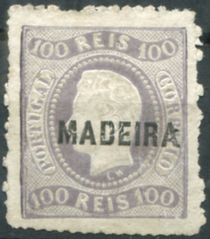 294.jpg -     Lote:    294                   Descrição:         1868 &mdash; D. Luís I. Fita curva, não denteados. Selos do Continente com sobrecarga MADEIRA, tipo A. MF4, 100 reis lilás malva, cunho Ia com margens de luxo, denteado em cruz (Percê en croix"), com denteado 13 &frac12;. Selo sem goma, com boa cor, sem defeitos ou reparações. MR.         *       Valor Base:     &euro; 100,00     Valor Venda:     &euro;      