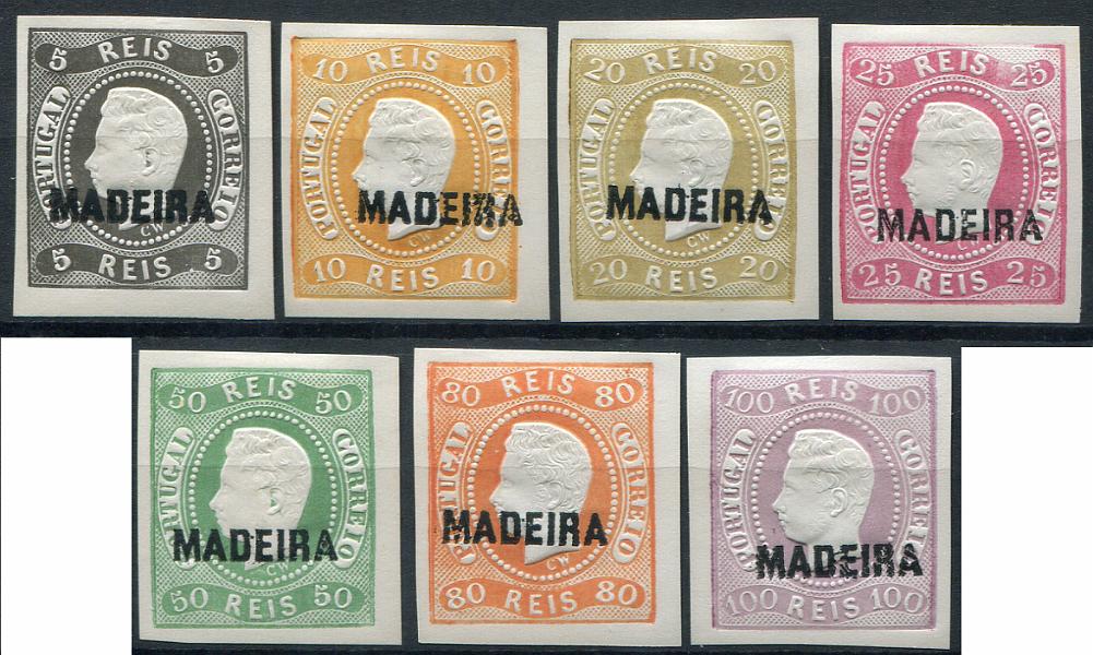 295.jpg -     Lote:    295                   Descrição:         1868 &mdash; D. Luís I. Fita curva, não denteados. Selos do Continente com s sobrecarga MADEIRA, tipo B. Reimpressões de 1885. Série incompleta, faltando as reimpressões de 120 e 240 reis. Valor de catálogo &euro; 315,00.         R*       Valor Base:     &euro; 50,00     Valor Venda:     &euro;      