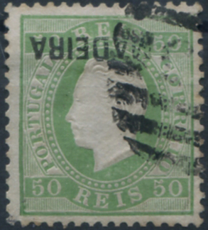 298.jpg -     Lote:    298                   Descrição:         1871/76 &mdash; D. Luís I. Fita direita. Selos do Continente com sobrecarga MADEIRA, tipo C. MF18, 50 reis verde, papel liso, tipo II denteado 12 Ÿ, usado. Exemplar com uma pequena reparação num canto, com boa cor e relevo, com a SOBRECARGA INVERTIDA. Certificado de peritagem de J. Miranda da Mota. Valor de catálogo &euro; 270,00         O       Valor Base:     &euro; 40,00     Valor Venda:     &euro;      