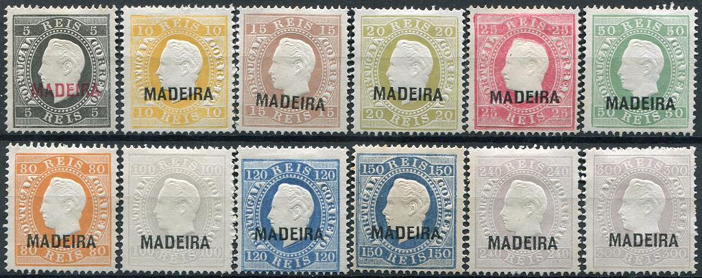 299.jpg -     Lote:    299                   Descrição:         1871/76 &mdash; D. Luís I. Fita direita. Selos do Continente com sobrecarga MADEIRA, tipo C. Reimpressões de 1885. MF14/25. Série completa. Valor de catálogo &euro; 575,00.         R*       Valor Base:     &euro; 120,00     Valor Venda:     &euro;      
