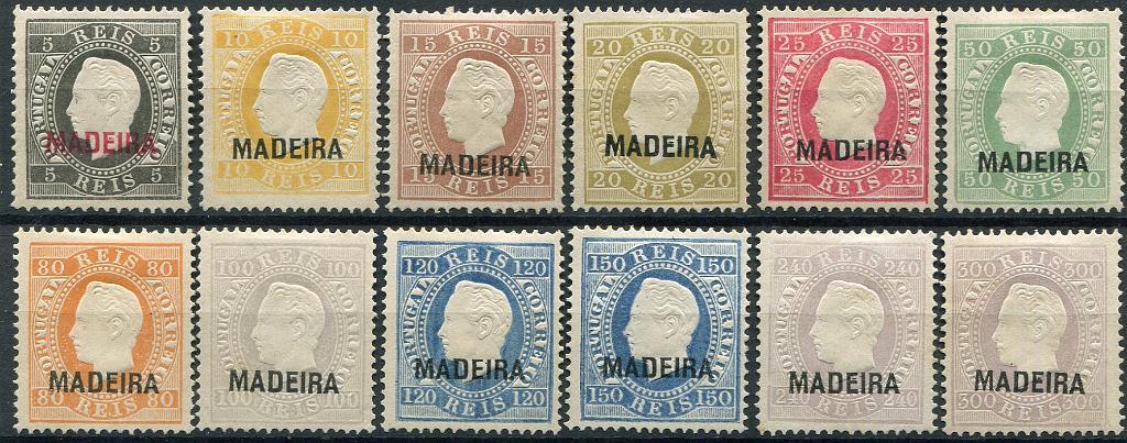 300.jpg -     Lote:    300                   Descrição:         1871/76 &mdash; D. Luís I. Fita direita. Selos do Continente com sobrecarga MADEIRA, tipo C. Reimpressões de 1905. MF14/25. Série completa. Valor de catálogo &euro; 630,00.         R*       Valor Base:     &euro; 125,00     Valor Venda:     &euro;      
