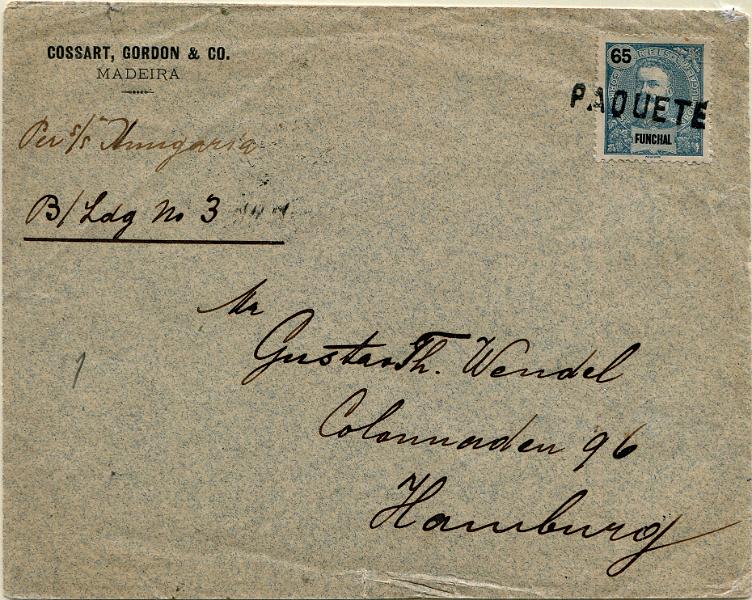 304.jpg -     Lote:    304                   Descrição:         Correio marítimo * Marcas de denominação de origem. 1898/1905 &mdash; D. Carlos I Mouchon. Novas cores e valores. MF30, 65 reis em sobrescrito lançado a bordo de paquete com destino a Hamburgo (02.05.03) com trânsito por Lisboa (28.04.03) onde foi obliterada com a marca "PAQUETE", batida a preto (Hosking 532). Exemplar sem defeitos nem reparações.         Carta       Valor Base:     &euro; 75,00     Valor Venda:     &euro;      
