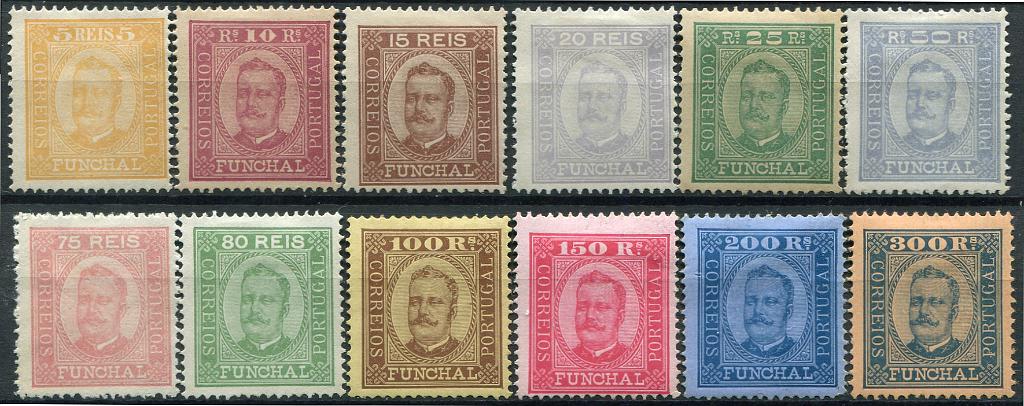 306.jpg -     Lote:    306                   Descrição:         Funchal. 1892/93 &mdash; D. Carlos I, tipo Diogo Neto. Reimpressões de 1905. MF 1/12. Série completa de reimpressões em denteado 13 &frac12;. Valor de catálogo &euro; 540,00.         R*/R**       Valor Base:     &euro; 100,00     Valor Venda:     &euro;      