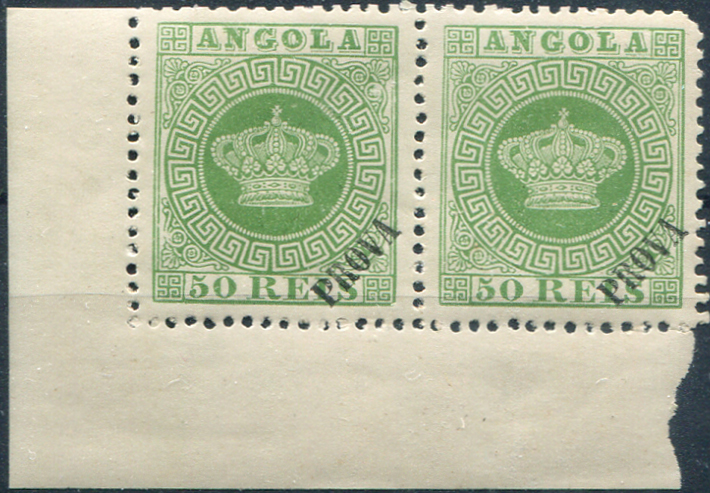 311.jpg -     Lote:    311                   Descrição:         1870/77 &mdash; Coroa. MF6c, 50 reis verde, papel liso ESPESSO (100m), denteado 12 Ÿ. Par horizontal em canto de folha, sem reparações, com falta de um canto e um pequeno adelgaçamento num dos selos, com boa cor e com a sobrecarga "PROVA" grande, impressa a preto. MB e MR. Certificado de peritagem de J. Miranda da Mota.         ***       Valor Base:     &euro; 250,00     Valor Venda:     &euro;      