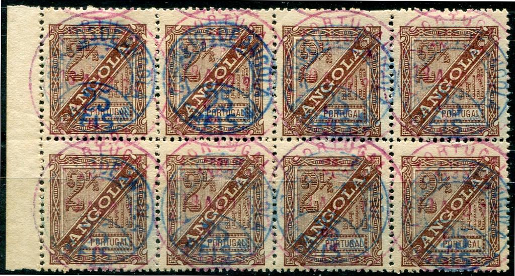 325.jpg -     Lote:    325                   Descrição:         1894 &mdash; Selo de 2 &frac12; reis * Jornaes, com sobretaxa. MF37, 25 reis s/ 2 &frac12; reis, castanho, papel liso, denteado 13 &frac12;. Bloco com 8 selos, obliterados com carimbo circular de LOANDA, batido a vermelho. Exemplar sem reparações com ligeiras manchas no verso. Valor de catálogo &euro; 880,00.         O       Valor Base:     &euro; 175,00     Valor Venda:     &euro;      