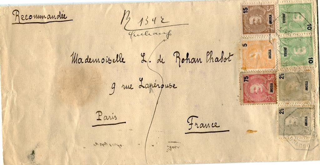 332.jpg -     Lote:    332                   Descrição:         1898/1901 &mdash; D. Carlos I Mouchon. Sobrescrito de grande dimensão circulado registado do Lubango (05.08.12) para Paris / França (10.09.12) com trânsito por Lisboa (07.09.12) com selos de 2 &frac12; reis cinzento (x2), 5 reis laranja, 10 verde (x2), 15 reis castanho e 75 reis carmim, MF38/41 e 45.          Carta       Valor Base:     &euro; 40,00     Valor Venda:     &euro;      