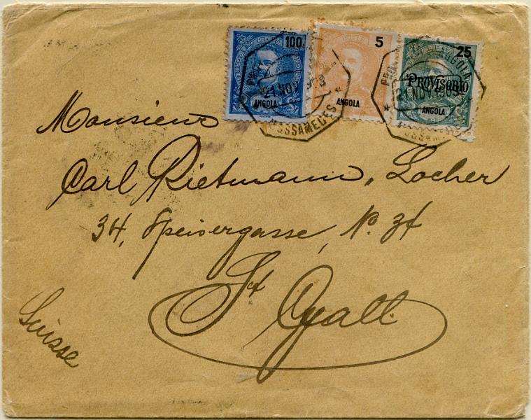 335.jpg -     Lote:    335                   Descrição:         1898/1902 &mdash; D. Carlos I Mouchon + D. Carlos I Mouchon, com sobrecarga PROVISORIO. Sobrescrito circulado de Moçamedes (21.11.03) para St. Gall / Suíça (25.12.03), com trânsito por Lisboa (21.12.03) com selos de 5 reis, 25 reis e 100 reis, MF39, 76 e 47, no total de 130 reis correspondente ao segundo porte para cartas remetidas para a Suíça com peso entre 16 e 30g. Tabela publicada no Boletim Oficial de Angola nº 10 de 07.03.1903. B e R. Exemplar sem defeitos nem reparações         Carta       Valor Base:     &euro; 60,00     Valor Venda:     &euro;      