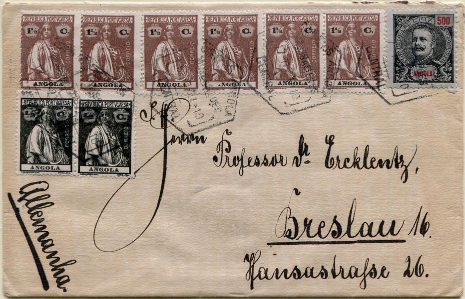 337.jpg -     Lote:    337                   Descrição:         1898/1914 &mdash; D. Carlos I Mouchon + Ceres. Sobrescrito circulado de Moçamedes (17.11.21) para Breslau / Alemanha com selo de 500 reis preto s/ azul MF51, usado em 2.º período de circulação (período de inflação) com o valor ajustado de 50c + 2 selos de &frac12;, preto e 3 pares de selos de 1 &frac12;, castanho, todos em papel liso, denteado 12x11 &frac12;, perfazendo na totalidade o porte de 60c para pagar o porte simples para carta circulada para a Alemanha com peso até 15g. Tabela de portes em vigor a partir de 01.06.1921 (Decreto nº 7.486 de 04.05.1921 do Ministério das Colónias). Exemplar muito bonito, sem defeitos nem reparações.         Carta       Valor Base:     &euro; 75,00     Valor Venda:     &euro;      