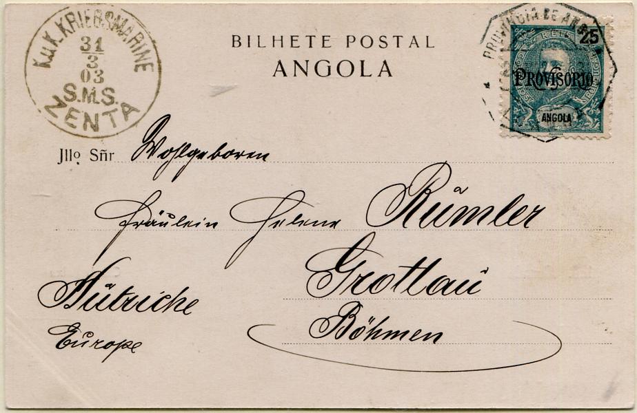 340.jpg -     Lote:    340                   Descrição:         1902 &mdash; D. Carlos I Mouchon, com sobrecarga PROVISORIO. MF76, 25 reis verde-azul, papel liso, denteado 11 Ÿ em postal ilustrado entregue na estação postal de Luanda para obliteração dos selos e transportado em mão para bordo do paquete austro-húngaro ZENTA da Kuk Kriegsmarine onde foi lançado na caixa de correio a bordo com destino à Alemanha. Carimbo do paquete batido a verde-oliva. Exemplar muito raro, bem conservado, sem defeitos nem reparações.         Carta       Valor Base:     &euro; 100,00     Valor Venda:     &euro;      