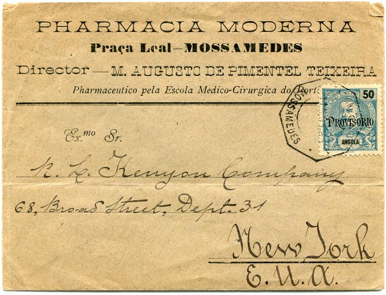 341.jpg -     Lote:    341                   Descrição:         1902 &mdash; D. Carlos I Mouchon, com sobrecarga "PROVISORIO". MF77, 50 reis azul em sobrescrito circulado de Mossamedes para Nova York, com trânsito por Lisboa (07.06.12) para pagar o porte simples para cartas com o peso até 15g para os EUA. Exemplar sem defeitos nem reparações, transportado pelo Paquete ZAIRE II.         Carta       Valor Base:     &euro; 25,00     Valor Venda:     &euro;      