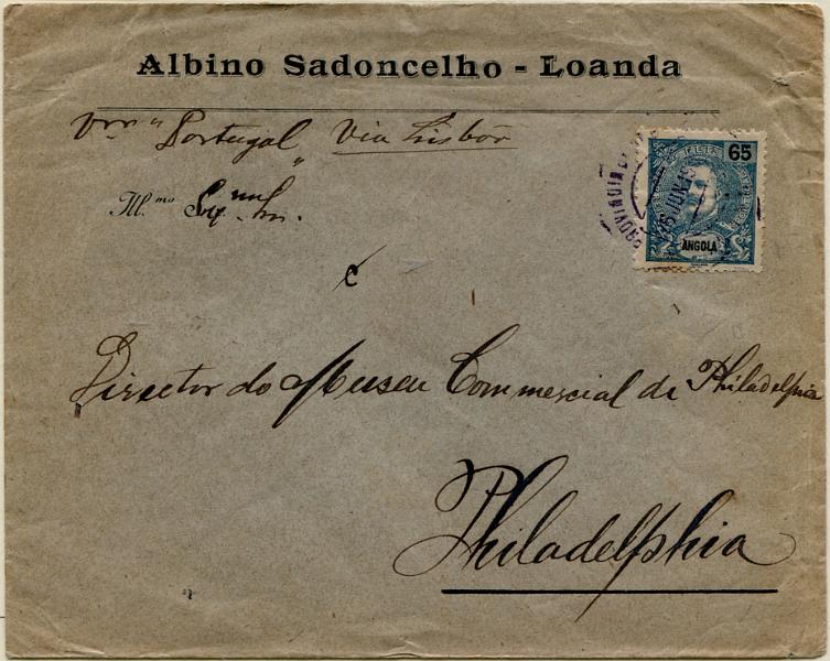 343.jpg -     Lote:    343                   Descrição:         1903 &mdash; D. Carlos I Mouchon. Novas cores e valores. MF82, 65 reis azul-cinzento, papel liso, denteado 11 Ÿ, em sobrescrito circulado de Luanda (26.06.05) para Filadélfia / EUA (27.07.05) com trânsito por Lisboa (15.07.05) para pagar o porte simples para carta remetida para os EUA com o peso até 15g (Tabela de portes publicada no Boletim Oficial de Angola nº 10 de 07.03.1903). Transporte Luanda &mdash; Lisboa pelo vapor Portugal. Exemplar muito raro, ÚNICO CONHECIDO, sem defeitos nem reparações.         Carta       Valor Base:     &euro; 150,00     Valor Venda:     &euro;      