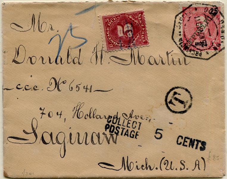 346.jpg -     Lote:    346                   Descrição:         1911 &mdash; D. Carlos I Mouchon, com sobrecarga REPUBLICA da Casa da Moeda. MF93, 25 reis carmim em sobrescrito circulado de Novo Redondo (25.11.11) para os EUA com trânsito por Lisboa (21.12.11). Insuficientemente franquiado foi porteado nos EUA com 5c por selo pré-obliterado. Exemplar raro, sem defeitos nem reparações, transportado no trajeto de Luanda a Lisboa pelo vapor Ambaca.         Carta       Valor Base:     &euro; 50,00     Valor Venda:     &euro;      