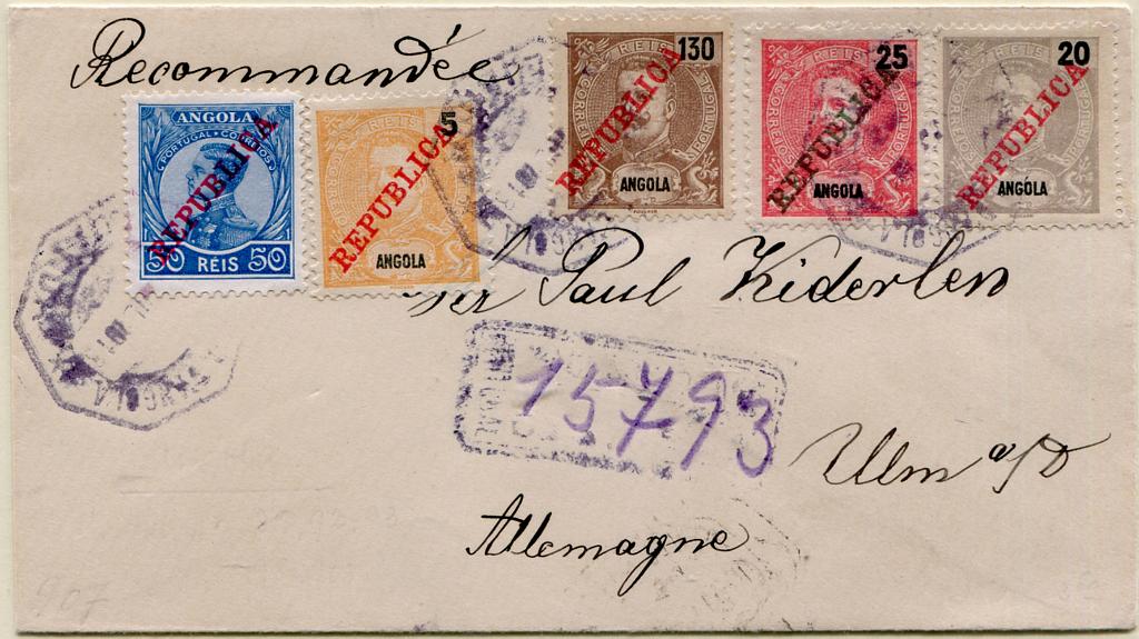 347.jpg -     Lote:    347                   Descrição:         1911/12 &mdash; D. Carlos I Mouchon, com sobrecarga REPUBLICA da Casa da Moeda + D. Manuel II, com sobrecarga REPUBLICA da Casa da Moeda. Sobrescrito circulado registado de Luanda (??.07.13) para Ulm / Alemanha (18.08.13), com trânsito por Lisboa (16.08.13) com selos de 5, 20, 25, 130 e 50 reis, MF89, 92, 93, 98 e 108. Exemplar sem defeitos nem reparações.         Carta       Valor Base:     &euro; 75,00     Valor Venda:     &euro;      