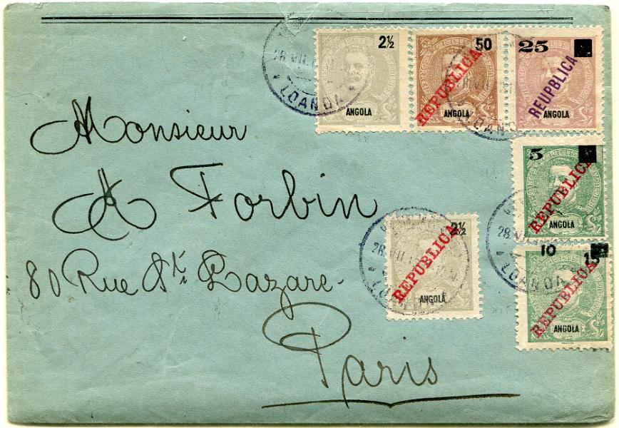 348.jpg -     Lote:    348                   Descrição:         1898/1912 &mdash; D. Carlos I, Mouchon + D. Carlos I Mouchon, com sobrecarga REPUBLICA + D. Carlos I Mouchon com sobretaxa e sobrecarga REPUBLICA local + D. Carlos I com sobretaxa. Sobrescrito circulado de Luanda (28.07.12) para Paris com selos de 2 &frac12; reis MF38, 2 &frac12; reis MF8/8, 50 reis MF94, 25 s/ 75 reis MF117b, com variedade REUPBLICA, 5 s/ 10 reis MF114 e 10 s/ 15 reis MF115, com a sobretaxa deslocada.         Carta       Valor Base:     &euro; 75,00     Valor Venda:     &euro;      