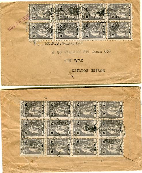 349.jpg -     Lote:    349                   Descrição:         1921 &mdash; Ceres. MF150e, 8c ardósia, papel liso, denteado 12x11 &frac12;. Bloco com 8 selos (frente sobrescrito) + bloco de 12 selos (verso) em sobrescrito circulado do Bié (30.09.27) para Nova York / EUA (16.11.27) num total de 1$60 para pagar o porte simples de cartas com o peso até 20g remetidas para países estrangeiros. B e R.         Carta       Valor Base:     &euro; 50,00     Valor Venda:     &euro;      