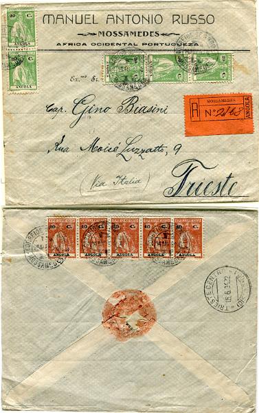 350.jpg -     Lote:    350                   Descrição:         1921 &mdash; Ceres. Sobrescrito circulado registado de Mossamedes (11.05.24) para Trieste (15.06.24) com 5x20c MF153d (frente) + tira de 5 selos de 10c MF151f (verso) no total de 1$50 para pagar o porte simples (1$00) para cartas com peso até 20g remetidas para o estrangeiro + 50c pelo prémio de registo. Exemplar sem defeitos nem reparações.         Carta       Valor Base:     &euro; 40,00     Valor Venda:     &euro;      