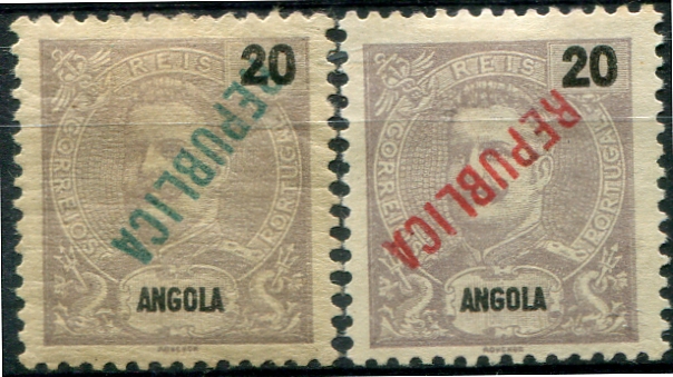 353.jpg -     Lote:    353                   Descrição:         1914 &mdash; D. Carlos I Mouchon, com sobrecarga REPUBLICA tipografada localmente. Lote com dois selos de 20 reis violeta, MF160: um com a sobrecarga a verde INVERTIDA e outro com a sobrecarga a vermelho INVERTIDA. Exemplares sem defeitos nem reparações         **/*       Valor Base:     &euro; 20,00     Valor Venda:     &euro;      