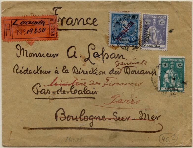 357.jpg -     Lote:    357                   Descrição:         1914 &mdash; Ceres + D. Carlos I Mouchon, com sobrecarga REPUBLICA tipografada localmente. Sobrescrito circulado registado de Luanda (30.08.20) para Boulogne-sur.Mer (12.10.20) com trânsito por Lisboa (05.10.20) e reexpedido para Paris, com selos de 1c, 2 &frac12; c e 100 reis, MF144d, 147c e 162. Exemplar sem defeitos nem reparações.         Carta       Valor Base:     &euro; 60,00     Valor Venda:     &euro;      