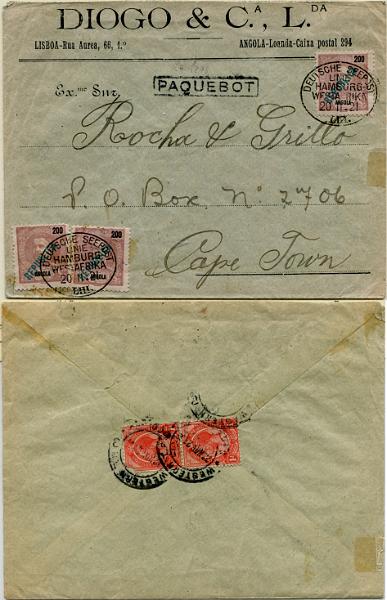 358.jpg -     Lote:    358                   Descrição:         1914 &mdash; D. Carlos I, Mouchon, com sobrecarga REPUBLICA tipografada localmente. MF163, 200 reis, papel liso, denteado 11 Ÿ, usados em 2.º período de circulação (período de inflação em Angola). Sobrescrito entregue a bordo do paquete alemão Usaramo (20.11.1921) da Deutsche Seepost / Linnie Hanburgo-West Afrika com 3 selos, perfazendo o porte de 600 reis, equivalente a 60 ctvs (1.º porte para cartas até um peso de 20 gramas para países estrangeiros). Á chegada foi obliterado com carimbo de denominação de origem "PAQUEBOT" de Port Elizabeth (tipo 1278 Roger Hosking) e novamente franquiado com dois selos de 1d para pagar o porte interno de Port Elizabeth a Cape Town. Exemplar raro, muito bonito, sem defeitos assinaláveis, nem reparações.         Carta       Valor Base:     &euro; 150,00     Valor Venda:     &euro;      
