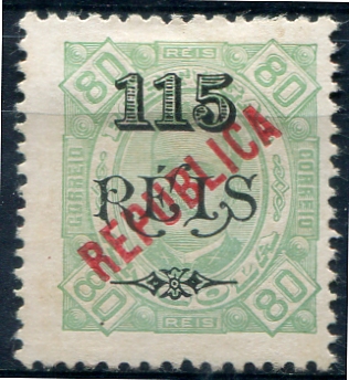 360.jpg -     Lote:    360                   Descrição:         1914 &mdash; D. Carlos I, tipo Diogo Neto, com sobretaxa. Selos de 1902 com sobrecarga REPUBLICA tipografada localmente. MF170, 115 reis s/ 80 reis verde claro, denteado 12 Ÿ, papel porcelana. Exemplar sem goma, sem defeitos nem reparações e com boa cor. Certificado de peritagem de J. Miranda da Mota. Valor de catálogo &euro; 310,00.         *       Valor Base:     &euro; 65,00     Valor Venda:     &euro;      