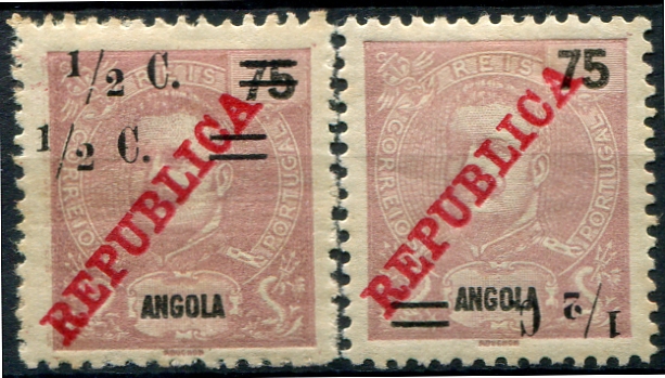 367.jpg -     Lote:    367                   Descrição:         1919 &mdash; D. Carlos I Mouchon, com sobrecarga REPUBLICA da Casa da Moeda, e sobretaxa tipografada localmente. MF188, &frac12; C s/ 75 reis castanho violeta. Lote com dois selos, um com DUPLA SOBRECARGA e outro com a SOBRECARGA INVERTIDA. Exemplares sem defeitos nem reparações.         **       Valor Base:     &euro; 25,00     Valor Venda:     &euro;      