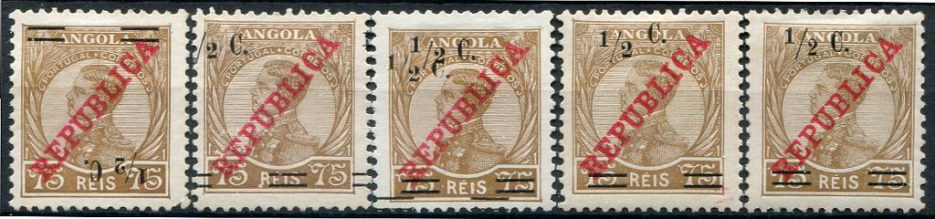 368.jpg -     Lote:    368                   Descrição:         1919 &mdash; D. Manuel II, com sobrecarga REPUBLICA da Casa da Moeda e sobretaxa tipografada localmente. MF190, &frac12; c s/ 75 reis bistre. Lote com 5 selos: um com sobretaxa INVERTIDA; outro com sobretaxa DESLOCADA, outro com DUPLA sobretaxa, outro com "C" subido e outro com "2" mais FINO. Exemplares sem defeitos nem reparações.         **/*       Valor Base:     &euro; 50,00     Valor Venda:     &euro;      