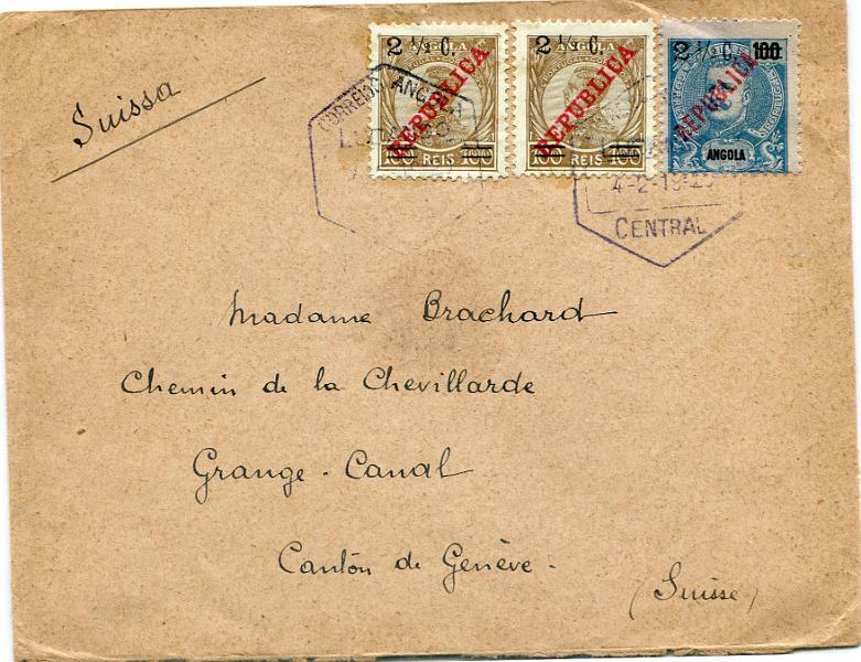 370.jpg -     Lote:    370                   Descrição:         1919 &mdash; D. Manuel II, com sobrecarga da Casa da Moeda e sobretaxa local + D. Carlos I Mouchon, com sobrecarga REPUBLICA e sobretaxa tipografadas localmente. Sobrescrito circulado do Lubango (04.02.19) para a Suíça com dois selos de 2 &frac12; c s/ 100 reis MF191 e 2 &frac12; C s/ 100 reis MF193. B e MR.         Carta       Valor Base:     &euro; 75,00     Valor Venda:     &euro;      