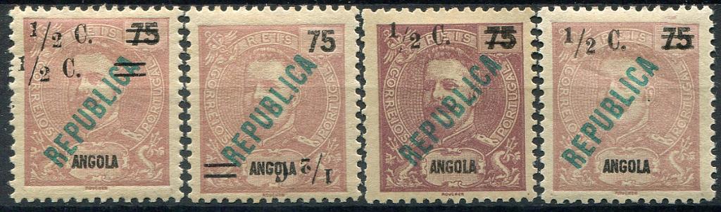 372.jpg -     Lote:    372                   Descrição:         1919 &mdash; D. Carlos I Mouchon com sobrecarga REPUBLICA e sobretaxa, tipografadas localmente. MF192, &frac12; C s/ 75 reis castanho violeta. Lote com 4 selos: um com DUPLA sobretaxa, outro com a sobretaxa INVERTIDA, outro com traço da fração PARTIDO e outro com "2" mais FINO.          **/*       Valor Base:     &euro; 35,00     Valor Venda:     &euro;      
