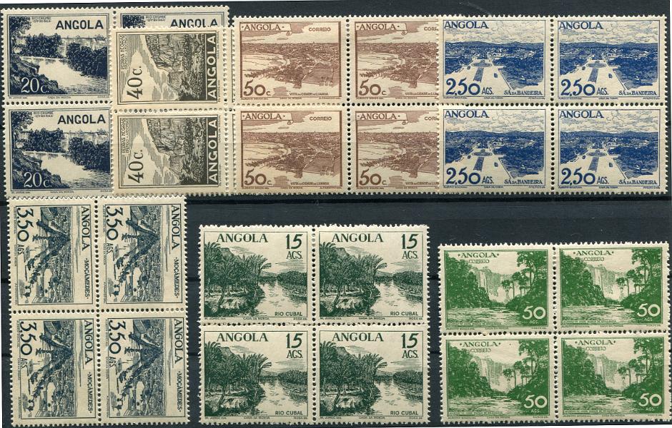 375.jpg -     Lote:    375                   Descrição:         1949 &mdash; Vistas de Angola. MF 311/317. Série completa em quadras. Exemplares sem defeitos nem reparações, com goma original, sinal de charneira dos selos superiores e sem charneira nos selos inferiores. MB e MR. Valor de catálogo &euro; 1.030,00.         ***/**       Valor Base:     &euro; 250,00     Valor Venda:     &euro;      