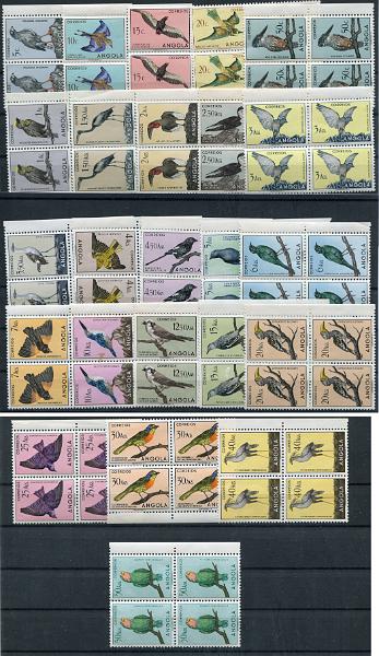 376.jpg -     Lote:    376                   Descrição:         1951 &mdash; Aves de Angola. MF 329/349. Série completa em quadras. Exemplares com boa cor, sem defeitos ou reparações, goma original sem sinal de charneira. Valor de catálogo &euro; 2.640,00.         ***       Valor Base:     &euro; 700,00     Valor Venda:     &euro;      