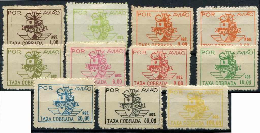378.jpg -     Lote:    378                   Descrição:         1947 &mdash; Correio aéreo * Emblema dos CTT. MF CA10/20. Série completa, sem goma como emitidos, com o denteado farpeado, normal nesta emissão. Exemplares sem defeitos nem reparações, com exceção do selo de 20Ags com muito ligeira transparência. B e MR. Valor de catálogo &euro; 3.300,00.         *       Valor Base:     &euro; 1.500,00     Valor Venda:     &euro;      