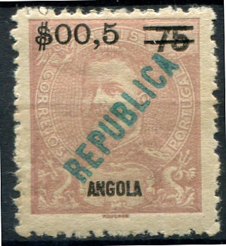 391.jpg -     Lote:    391                   Descrição:         1920 &mdash; D. Carlos I Mouchon, com sobrecarga REPUBLICA local e sobretaxa. NÃO EMITIDOS. MF NE4, $00,5 s/ 75 reis castanho violeta. Exemplar com goma original e charneira, sem defeitos nem reparações. Valor de catálogo &euro; 250,00.         **       Valor Base:     &euro; 75,00     Valor Venda:     &euro;      