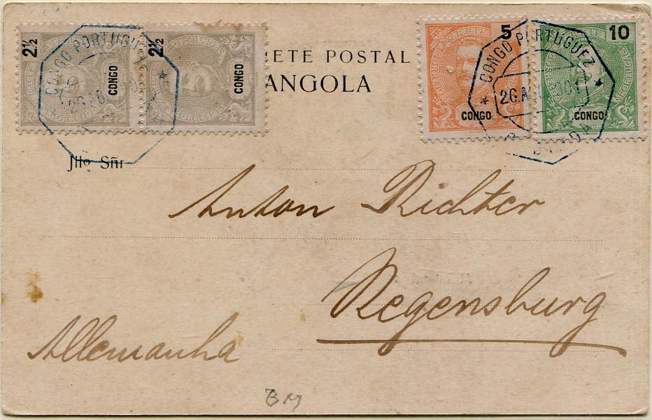 396.jpg -     Lote:    396                   Descrição:         1898/1901 &mdash; D. Carlos I Mouchon. Postal ilustrado circulado de Cabinda (26.08.01) para a Alemanha com selos de 2 &frac12; reis (par), 5 reis e 10 reis, perfazendo o porte de 20 reis, MF 14/16, correspondente ao porte simples de bilhetes-postais circulado para o estrangeiro. B.         PI       Valor Base:     &euro; 35,00     Valor Venda:     &euro;      