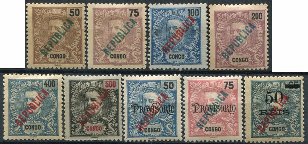 397.jpg -     Lote:    397                   Descrição:         1914 &mdash; D. Carlos I, com sobrecarga REPUBLICA, tipografada localmente. MF115/123. Série completa, com os selos de 50, 75 e 100 reis sem goma e restantes com goma original e charneira. Exemplares sem defeitos nem reparações. Valor de catálogo &euro; 373,50.         **/*       Valor Base:     &euro; 75,00     Valor Venda:     &euro;      