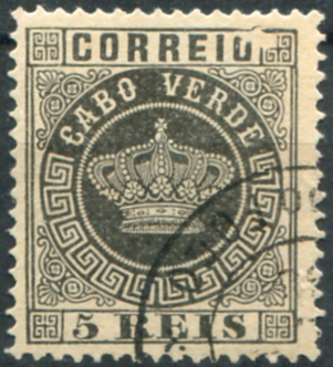 399.jpg -     Lote:    399                   Descrição:         1877 &mdash; Coroa. MF1b, 5 reis preto, papel liso médio, denteado 13 &frac12;. Selo usado, com carimbo da ILHA DO FOGO, batido a preto, sem defeitos nem reparações com impressão defeituosa no canto superior direito.         O       Valor Base:     &euro; 25,00     Valor Venda:     &euro;      