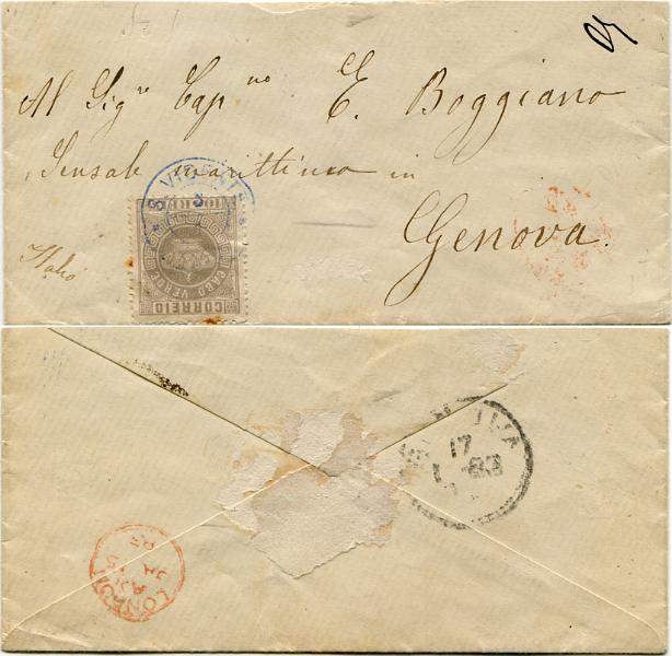 401.jpg -     Lote:    401                   Descrição:         1877 &mdash; Coroa. MF7, 100 reis lilás malva, papel liso médio, denteado 13 &frac12;, em sobrescrito circulado de S. Vicente (03.01.83) para Génova (17.01.83) com trânsito por Londres (15.01.83), para pagar o porte simples de cartas remetidas para os países da UPU com o peso até 15g.. Certificado de peritagem de Leilões P. Dias, Lda.         Carta       Valor Base:     &euro; 800,00     Valor Venda:     &euro;      