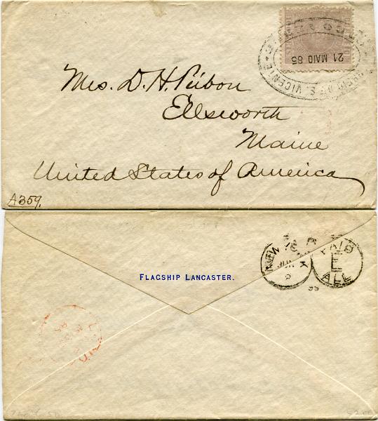 403.jpg -     Lote:    403                   Descrição:         1877 &mdash; Coroa. MF7, 100 reis lilás claro, papel liso médio, denteado 13 &frac12;, em sobrescrito circulado de S. Vicente (20.05.85) para Ellswoorth / Maine (06.02.85) com trânsito por Londres (30.05.85) e Nova York (09.06.85), para pagar o porte simples de cartas remetidas para oo países da UPU com o peso até 15g. Certificado de peritagem de Leilões P. Dias, Lda.         Carta       Valor Base:     &euro; 900,00     Valor Venda:     &euro;      