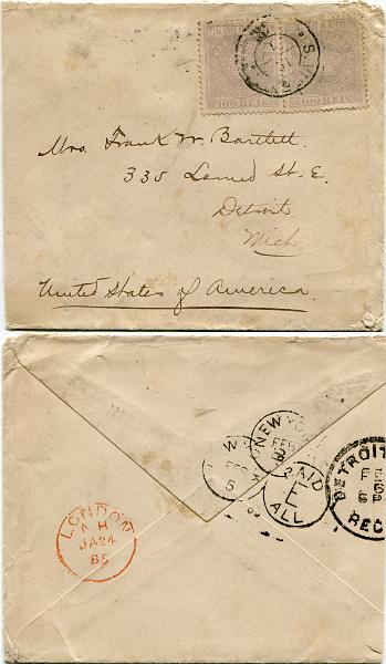 404.jpg -     Lote:    404                   Descrição:         1877 &mdash; Coroa. MF7, 100 reis lilás claro, papel liso médio, denteado 13 &frac12;. Dois selos em sobrescrito circulado de S. Vicente (12.01.85) para Detroit (06.02.85) com trânsito por Londres (24.01.85) e Nova York (05.02.85), perfazendo o porte de 200 reis para pagar o 2.º porte de cartas remetidas para os países da UPU com o peso entre 16 e 30g. Certificado de peritagem de Leilões P. Dias, Lda.         Carta       Valor Base:     &euro; 1.500,00     Valor Venda:     &euro;      