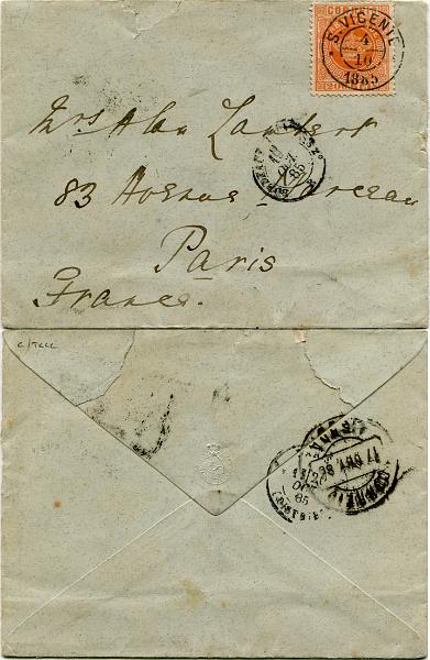 405.jpg -     Lote:    405                   Descrição:         1877 &mdash; Coroa. MF8, 200 reis laranja, papel liso médio, denteado 12 Ÿ em sobrescrito circulado de S. Vicente (04.10.85) para Paris (20.10.85) com trânsito por Lisboa (17.10.85) e Bordéus (19.10.85), para pagar o 2.º porte de cartas remetidas para o estrangeiro com o peso entre 16 e 30g. Exemplar de grande raridade, sem reparações e pequeno rasgo no bordo superior da carta, transportado de S. Vicente para Lisboa pelo vapor Portugal. Certificado de peritagem de Leilões P. Dias, Lda.         Carta       Valor Base:     &euro; 2.500,00     Valor Venda:     &euro;      