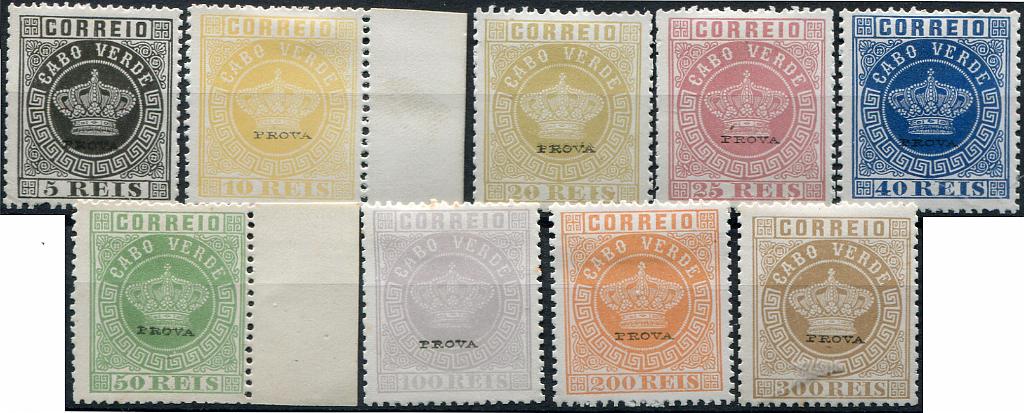 406.jpg -     Lote:    406                   Descrição:         1877 &mdash; Coroa. Reimpressões de 1885. MF R1/9. Série completa com a sobrecarga "PROVA" pequena, batida horizontalmente a preto. Valor de catálogo &euro; 360,00.         R*       Valor Base:     &euro; 90,00     Valor Venda:     &euro;      