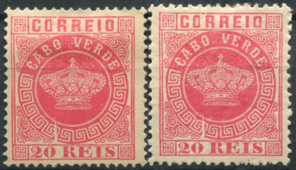 408.jpg -     Lote:    408                   Descrição:         1881/85 &mdash; Coroa. Novas cores. MF11 + 11b, 20 reis rosa carmim. Lote com dois selos em denteados 12 Ÿ e 13 &frac12;, papel liso médio. Exemplares sem defeitos nem reparações com FENDA DE CUNHO similar acima da legenda "20 REIS". B e R.         **/*       Valor Base:     &euro; 100,00     Valor Venda:     &euro;      