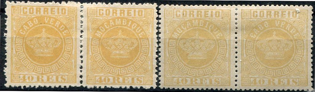 411.jpg -     Lote:    411                   Descrição:         1881/85 &mdash; Coroa. Novas cores. MF13 + 13a, 40 reis amarelo em denteados 12 Ÿ e 13 &frac12;, papel liso. Lote com dois pares de selos com cliché de Moçambique. Na chapa que imprimiu os selos montou-se por engano um cliché de Moçambique na 5.ª linha da 2.ª coluna nas folhas com denteado 12 Ÿ e na 3.ª linha da 2.ª coluna nas folhas com denteado 13 &frac12;. Valor de catálogo &euro; 510,00.         **       Valor Base:     &euro; 90,00     Valor Venda:     &euro;      
