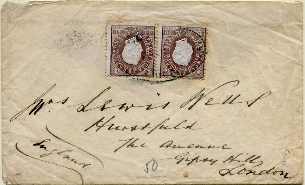 414.jpg -     Lote:    414                   Descrição:         1886 &mdash; D. Luís I. Fita direita. MF19, 40 reis castanho, papel porcelana, denteado 12 &frac12;. Dois selos em sobrescrito circulado de S. Vicente (data ilegível) para Londres, com trânsito por Lisboa (04.04.89).          Carta       Valor Base:     &euro; 100,00     Valor Venda:     &euro;      