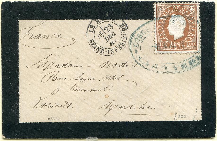 416.jpg -     Lote:    416                   Descrição:         1886 &mdash; D. Luís. Fita direita. MF21, 100 reis castanho amarelo, denteado 12 Ÿ, papel porcelana, em sobrescrito circulado de S. Vicente (08.12.86) para Lorient (24.12.86), com trânsito por Le Havre (23.12.86).         Carta       Valor Base:     &euro; 100,00     Valor Venda:     &euro;      