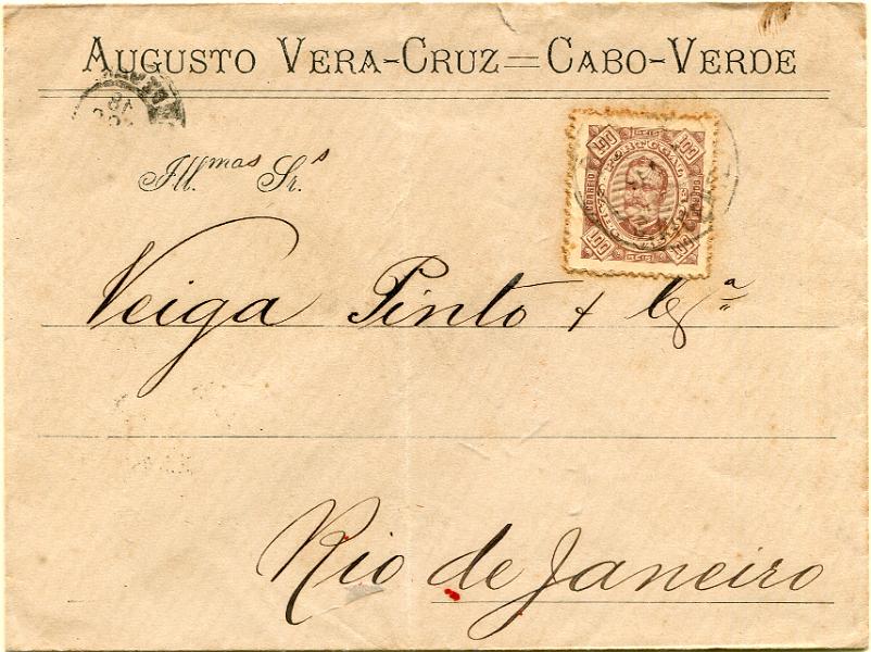 419.jpg -     Lote:    419                   Descrição:         1893/95 &mdash; D. Carlos I, tipo Diogo Neto. MF33, 100 reis castanho s/ amarelo, papel porcelana, denteado 12 Ÿ, em sobrescrito circulado de S. Vicente (09.0897) para o Rio de Janeiro (18.08.97). MR.         Carta       Valor Base:     &euro; 300,00     Valor Venda:     &euro;      