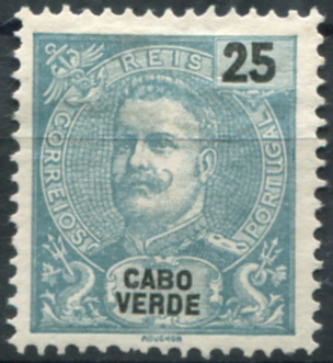 422.jpg -     Lote:    422                   Descrição:         1898/1901 &mdash; D. Carlos I Mouchon. MF42b, 25 reis verde-azul, papel liso a pontinhado leve, denteado 12 Ÿ. Exemplar raro, sem goma, sem reparações com ligeiro adelgaçamento. Valor de catálogo &euro; 440,00.         *       Valor Base:     &euro; 125,00     Valor Venda:     &euro;      