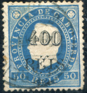 425.jpg -     Lote:    425                   Descrição:         1902 &mdash; D. Luís I. Fita direita, com sobretaxa. Selo de 400 reis s/ 50 reis azul, denteado 12 Ÿ, sobretaxa tipo II. Exemplar usado, sem reparações e pequenos defeitos no denteado, porém muito raro. NÃO CATALOGADO. Certificado de peritagem de Leilões P. Dias, Lda.         O       Valor Base:     &euro; 150,00     Valor Venda:     &euro;      